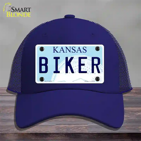 Biker Kansas Novelty License Plate Hat Mesh / Royal Blue