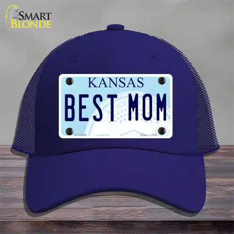 Best Mom Kansas Novelty License Plate Hat Mesh / Royal Blue