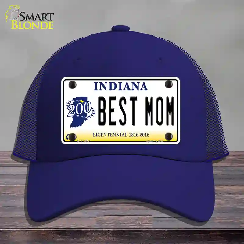 Best Mom Indiana Novelty License Plate Hat Mesh / Royal Blue