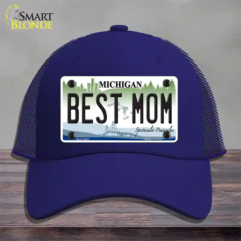 Best Mom Michigan Novelty License Plate Hat Mesh / Royal Blue