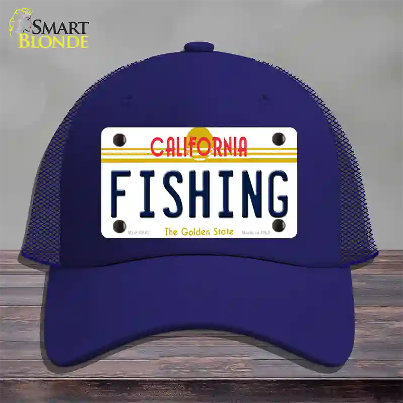 Fishing California Novelty License Plate Hat Mesh / Royal Blue