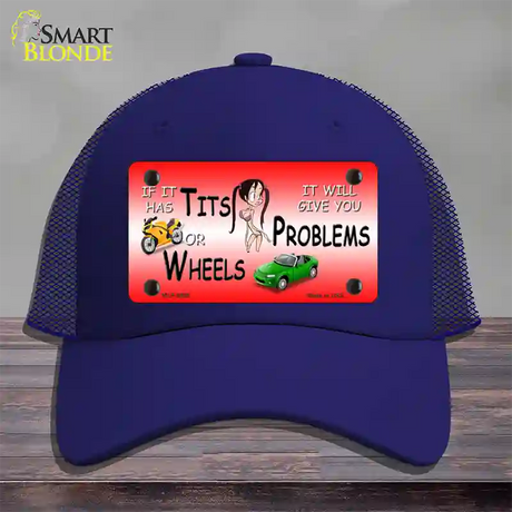 Tits Or Wheels Red Novelty License Plate Hat Mesh / Royal Blue