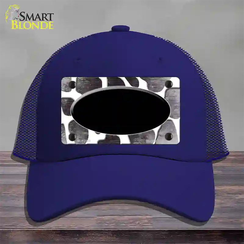 Black White Oval Giraffe Oil Rubbed Novelty License Plate Hat Mesh / Royal Blue