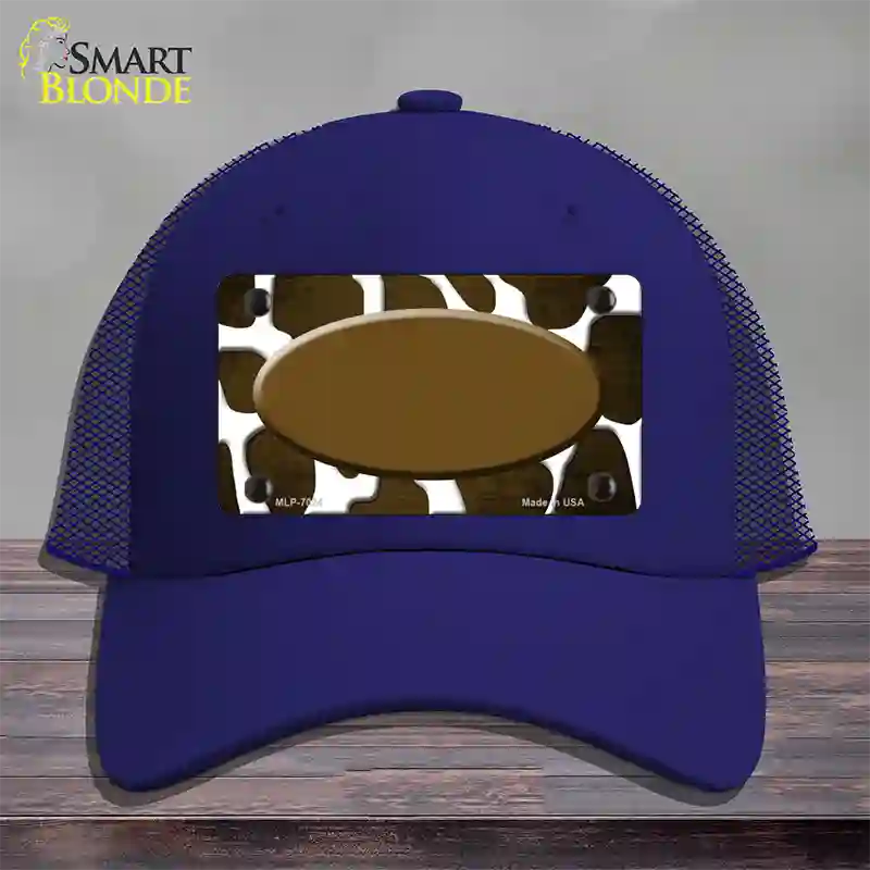 Brown White Oval Giraffe Oil Rubbed Novelty License Plate Hat Mesh / Royal Blue