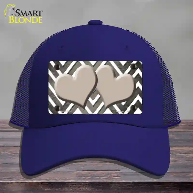 Tan White Hearts Chevron Oil Rubbed Novelty License Plate Hat Mesh / Royal Blue