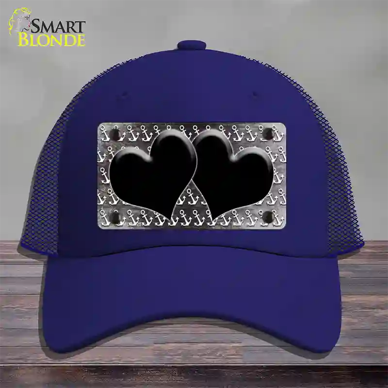 Black White Anchor Hearts Oil Rubbed Novelty License Plate Hat Mesh / Royal Blue