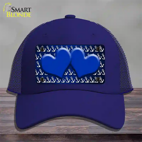 Blue White Anchor Hearts Oil Rubbed Novelty License Plate Hat Mesh / Royal Blue