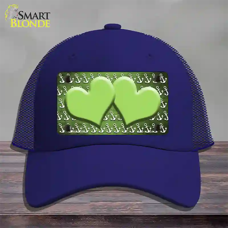 Lime Green White Anchor Hearts Oil Rubbed Novelty License Plate Hat Mesh / Royal Blue