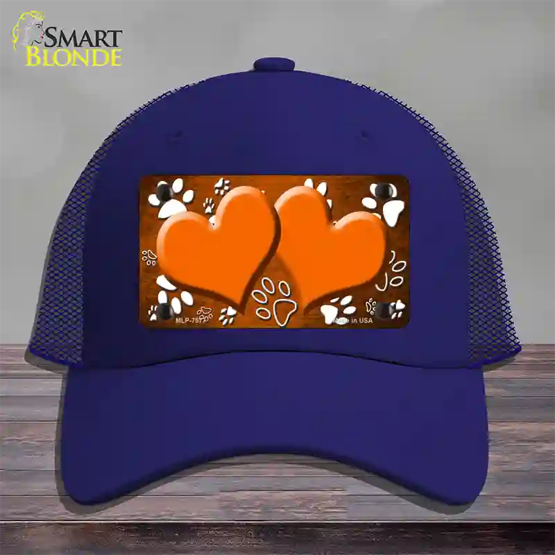 Paw Heart Orange White Novelty License Plate Hat Mesh / Royal Blue