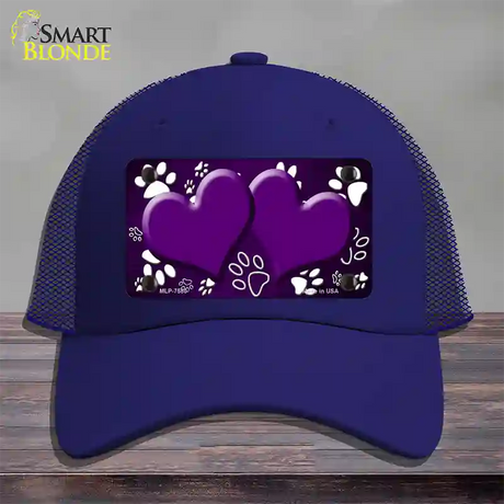 Paw Heart Purple White Novelty License Plate Hat Mesh / Royal Blue