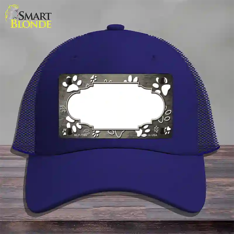 Paw Scallop Tan White Novelty License Plate Hat Mesh / Royal Blue