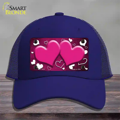 Pink White Love Hearts Oil Rubbed Novelty License Plate Hat Mesh / Royal Blue