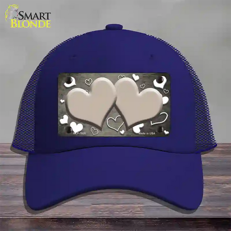 Tan White Love Hearts Oil Rubbed Novelty License Plate Hat Mesh / Royal Blue