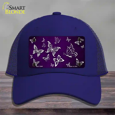 Purple White Butterfly Oil Rubbed Novelty License Plate Hat Mesh / Royal Blue