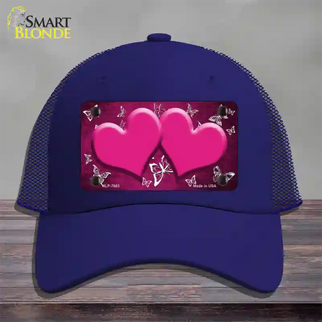 Pink White Hearts Butterfly Oil Rubbed Novelty License Plate Hat Mesh / Royal Blue