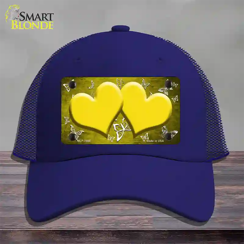 Yellow White Hearts Butterfly Oil Rubbed Novelty License Plate Hat Mesh / Royal Blue