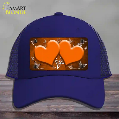 Orange White Hearts Butterfly Oil Rubbed Novelty License Plate Hat Mesh / Royal Blue