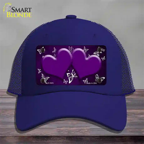 Purple White Hearts Butterfly Oil Rubbed Novelty License Plate Hat Mesh / Royal Blue