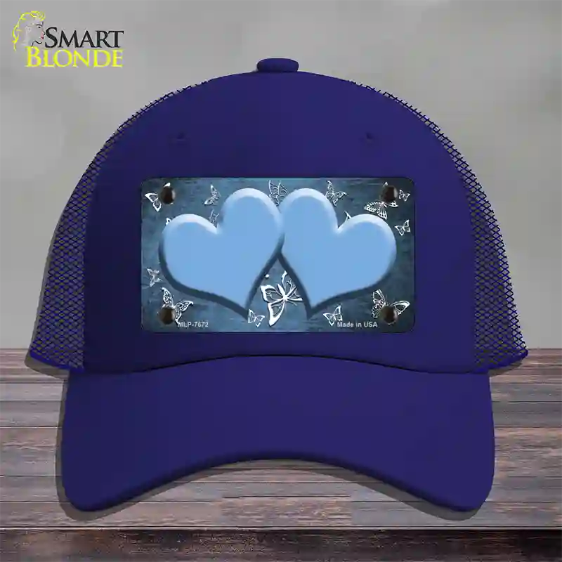 Light Blue White Hearts Butterfly Oil Rubbed Novelty License Plate Hat Mesh / Royal Blue