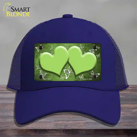 Lime Green White Hearts Butterfly Oil Rubbed Novelty License Plate Hat Mesh / Royal Blue