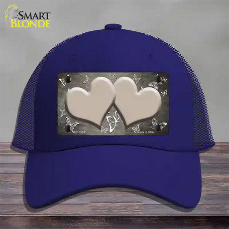 Tan White Hearts Butterfly Oil Rubbed Novelty License Plate Hat Mesh / Royal Blue