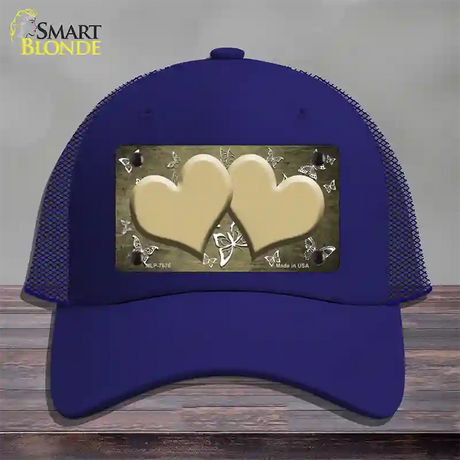 Gold White Hearts Butterfly Oil Rubbed Novelty License Plate Hat Mesh / Royal Blue