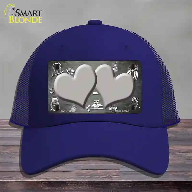 Gray White Owl Hearts Oil Rubbed Novelty License Plate Hat Mesh / Royal Blue