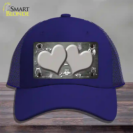 Gray White Owl Hearts Oil Rubbed Novelty License Plate Hat Mesh / Royal Blue