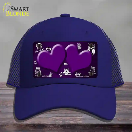 Purple White Owl Hearts Oil Rubbed Novelty License Plate Hat Mesh / Royal Blue