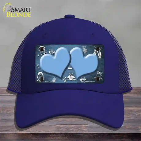 Light Blue White Owl Hearts Oil Rubbed Novelty License Plate Hat Mesh / Royal Blue