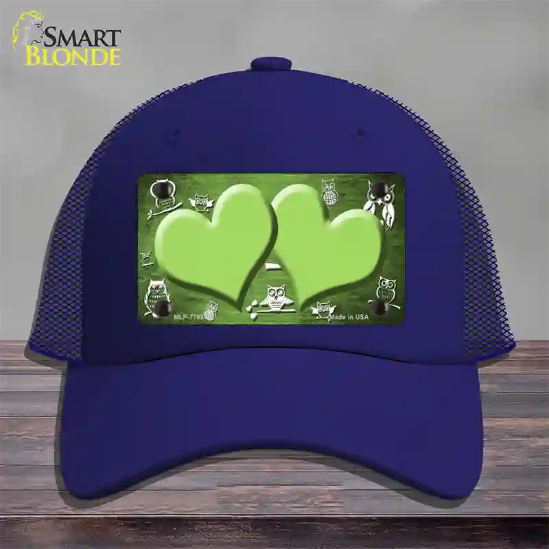 Lime Green White Owl Hearts Oil Rubbed Novelty License Plate Hat Mesh / Royal Blue