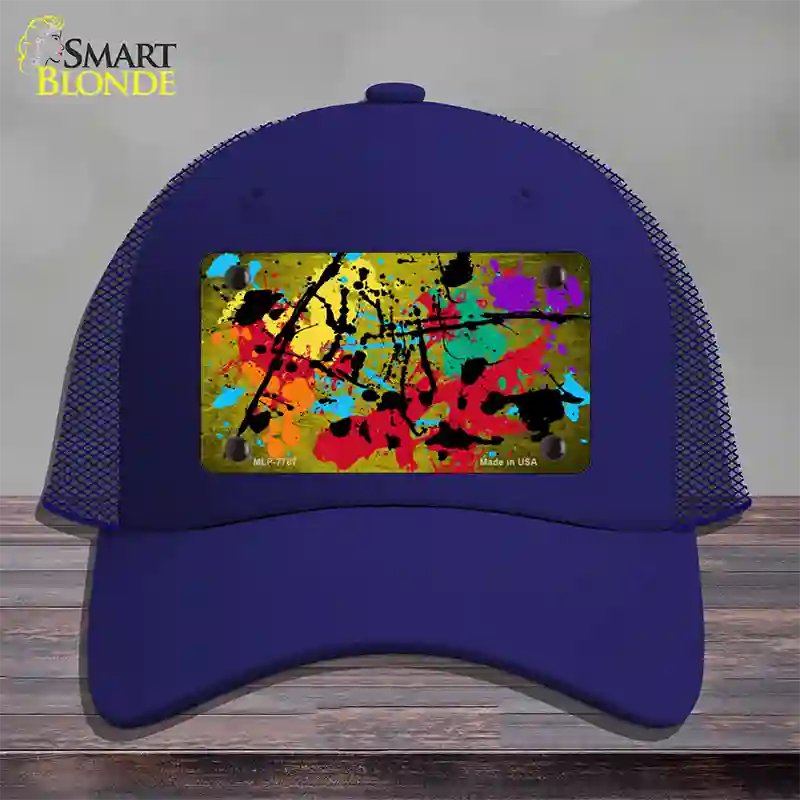 Yellow Splatter Oil Rubbed Novelty License Plate Hat Mesh / Royal Blue