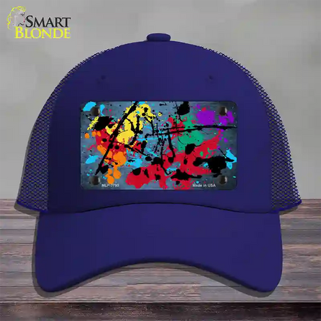 Light Blue Splatter Oil Rubbed Novelty License Plate Hat Mesh / Royal Blue