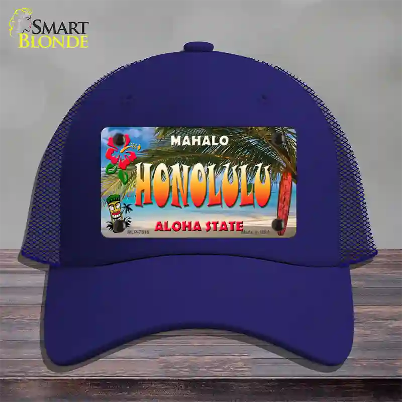 Honolulu Hawaii State Novelty License Plate Hat Mesh / Royal Blue