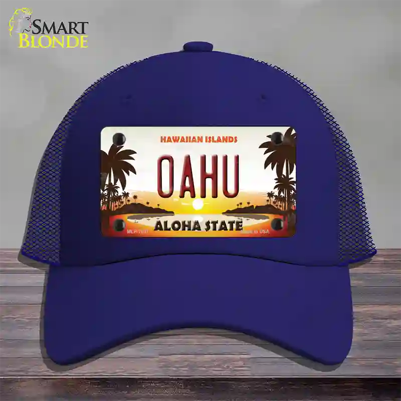 Oahu Hawaiian Islands Novelty License Plate Hat Mesh / Royal Blue