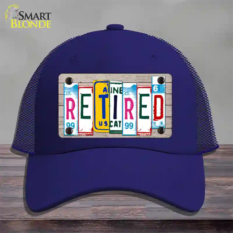 Retired License Plate Art Wood Novelty License Plate Hat Mesh / Royal Blue