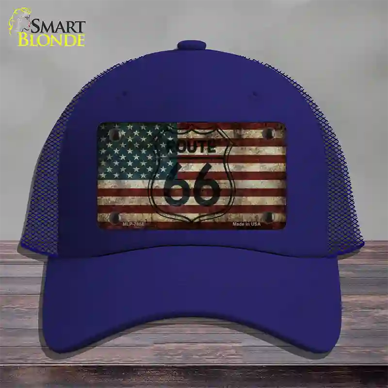 Route 66 American Flag Transparent Novelty License Plate Hat Mesh / Royal Blue