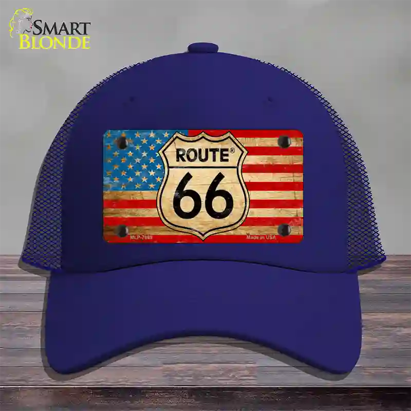 Route 66 American Flag Novelty License Plate Hat Mesh / Royal Blue