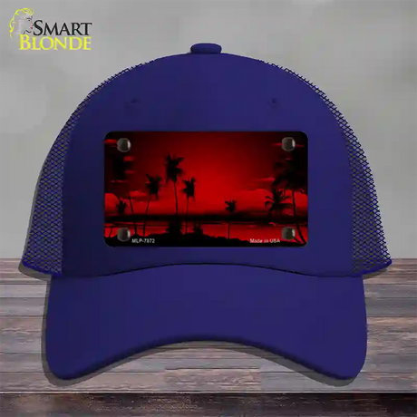 Sunset Red Novelty License Plate Hat Mesh / Royal Blue