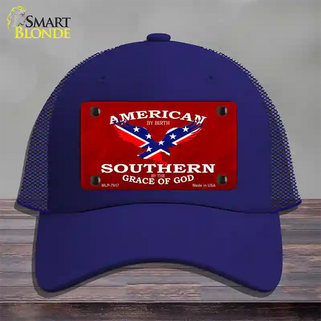 American By Birth Novelty License Plate Hat Mesh / Royal Blue