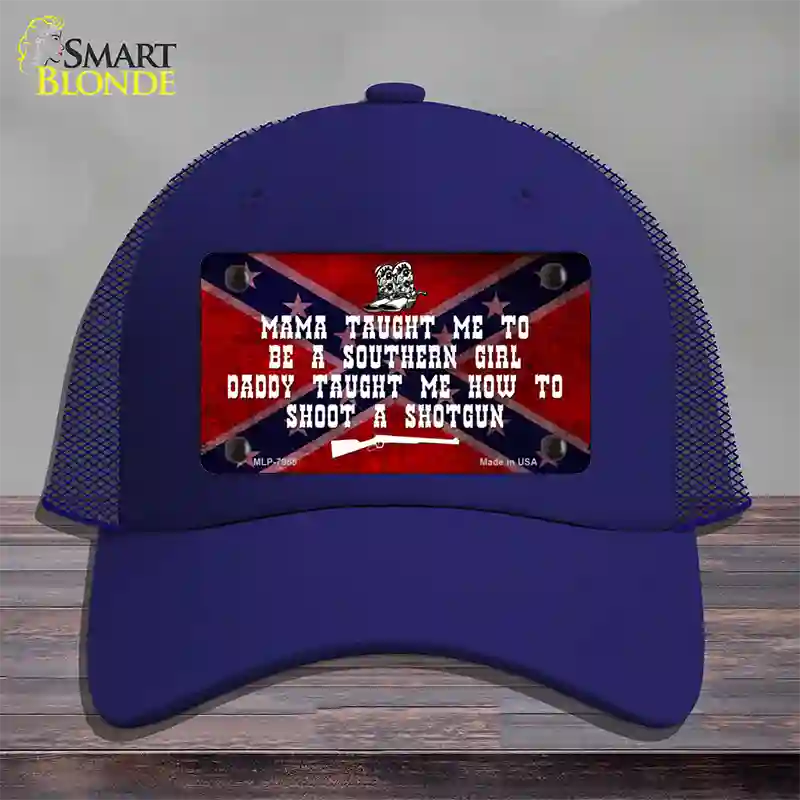 Mama Taught Me Novelty License Plate Hat Mesh / Royal Blue