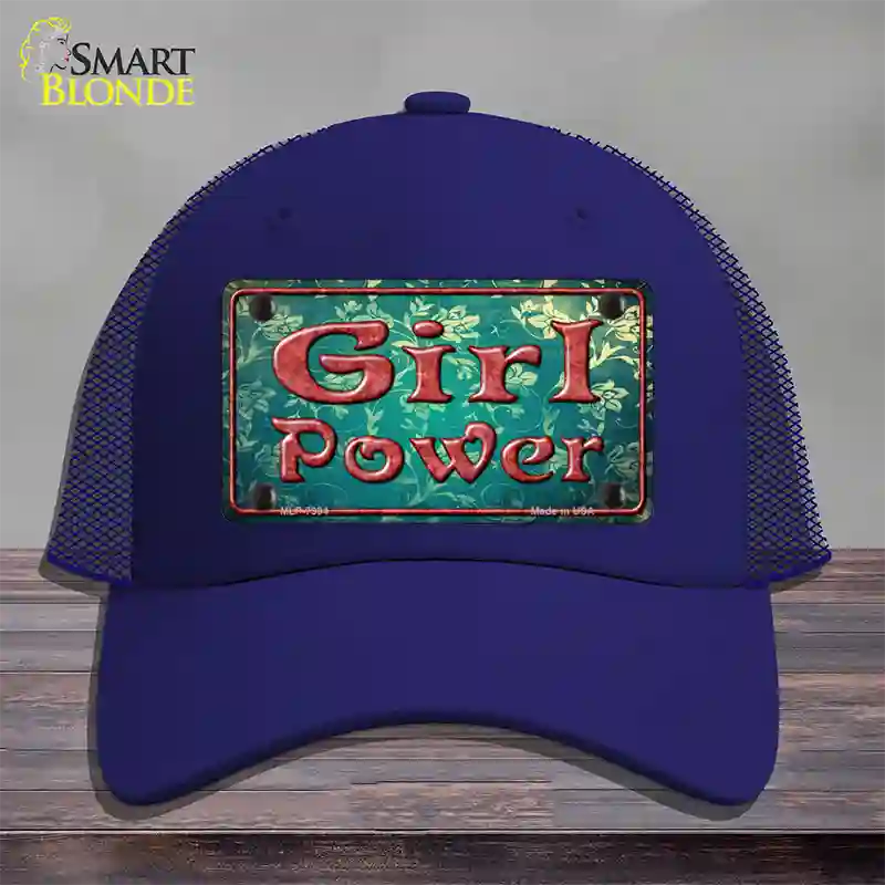 Girl Power Flower Novelty License Plate Hat Mesh / Royal Blue