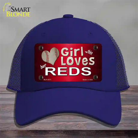 This Girl Loves Her Reds Novelty License Plate Hat Mesh / Royal Blue