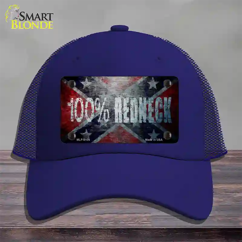 100% Redneck Confederate Novelty License Plate Hat Mesh / Royal Blue