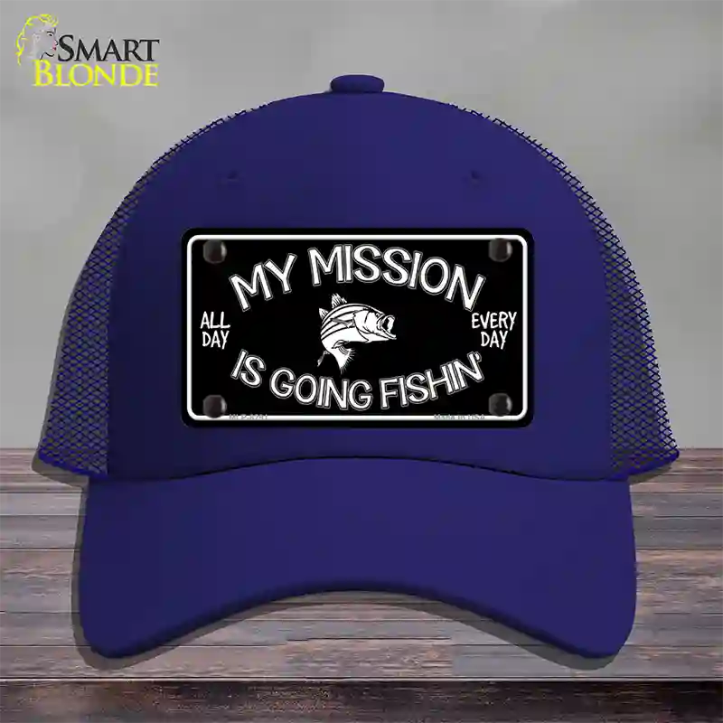 My Mission Is Fishin Novelty License Plate Hat Mesh / Royal Blue