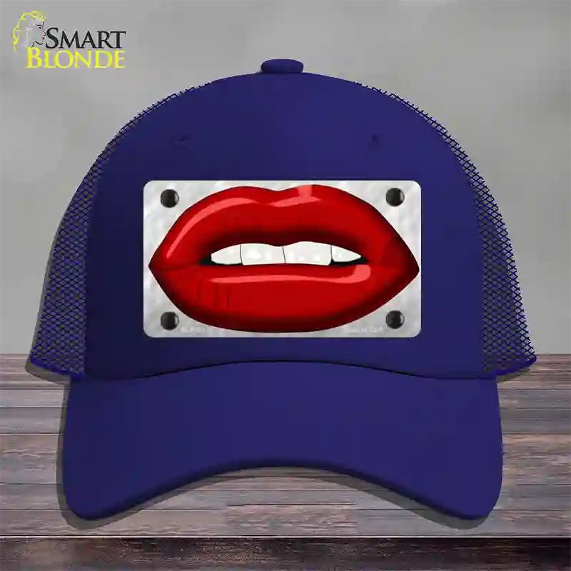 Red Lips Novelty License Plate Hat Mesh / Royal Blue