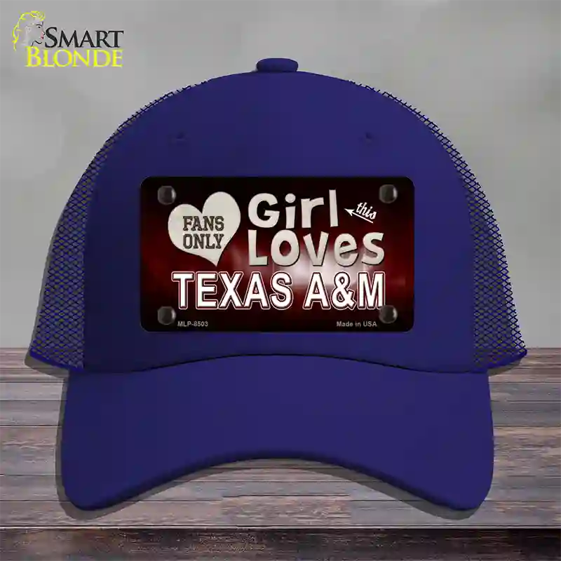 This Girl Loves Texas A&M Novelty License Plate Hat Mesh / Royal Blue