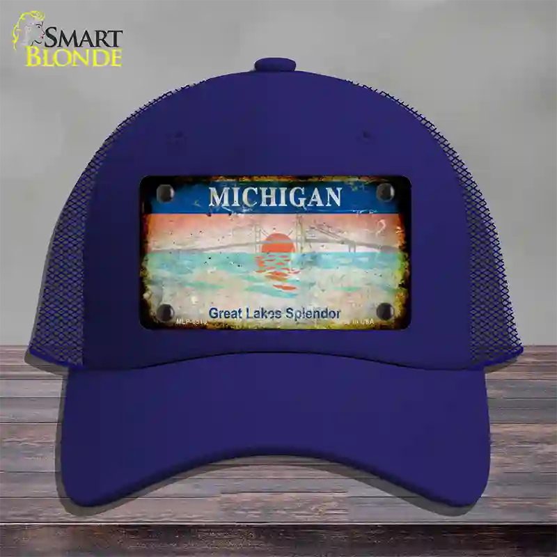 Michigan Rusty State Novelty License Plate Hat Mesh / Royal Blue