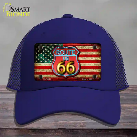 American Route 66 Neon Novelty License Plate Hat Mesh / Royal Blue