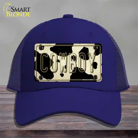 Cowboy Cow Novelty License Plate Hat Mesh / Royal Blue